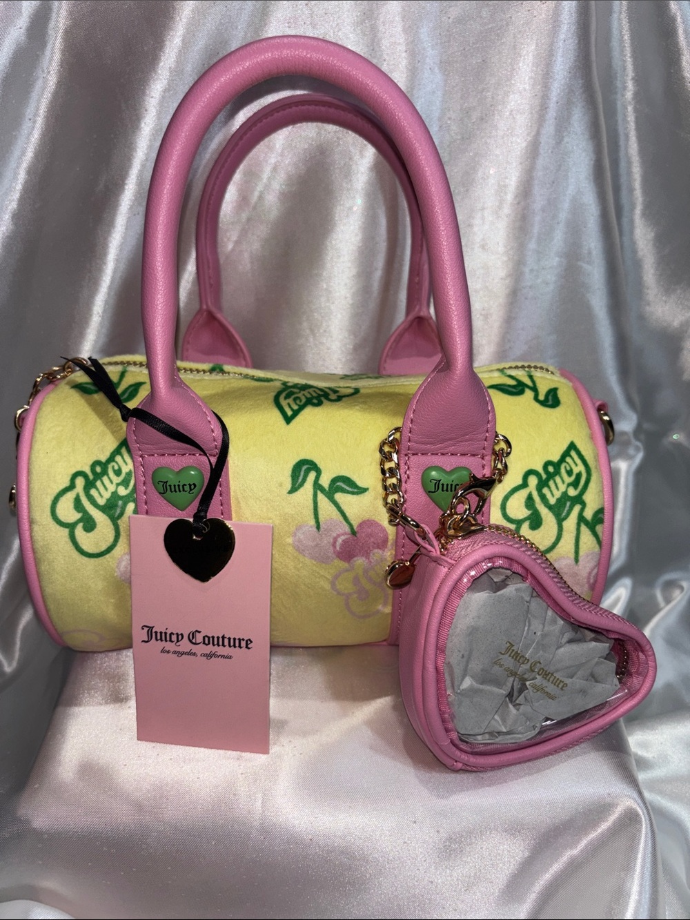 EXCLUSIVE Juicy Couture Pink Trim Yellow Barrel Bag with Heart Coin Purse